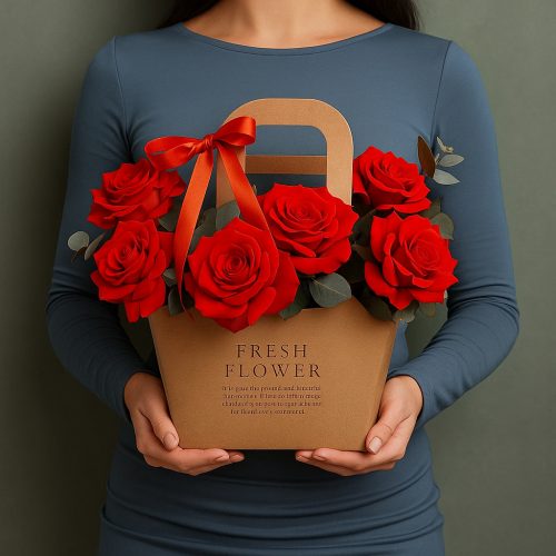 Композиция в коробке «Алые розы в крафтовой коробке»